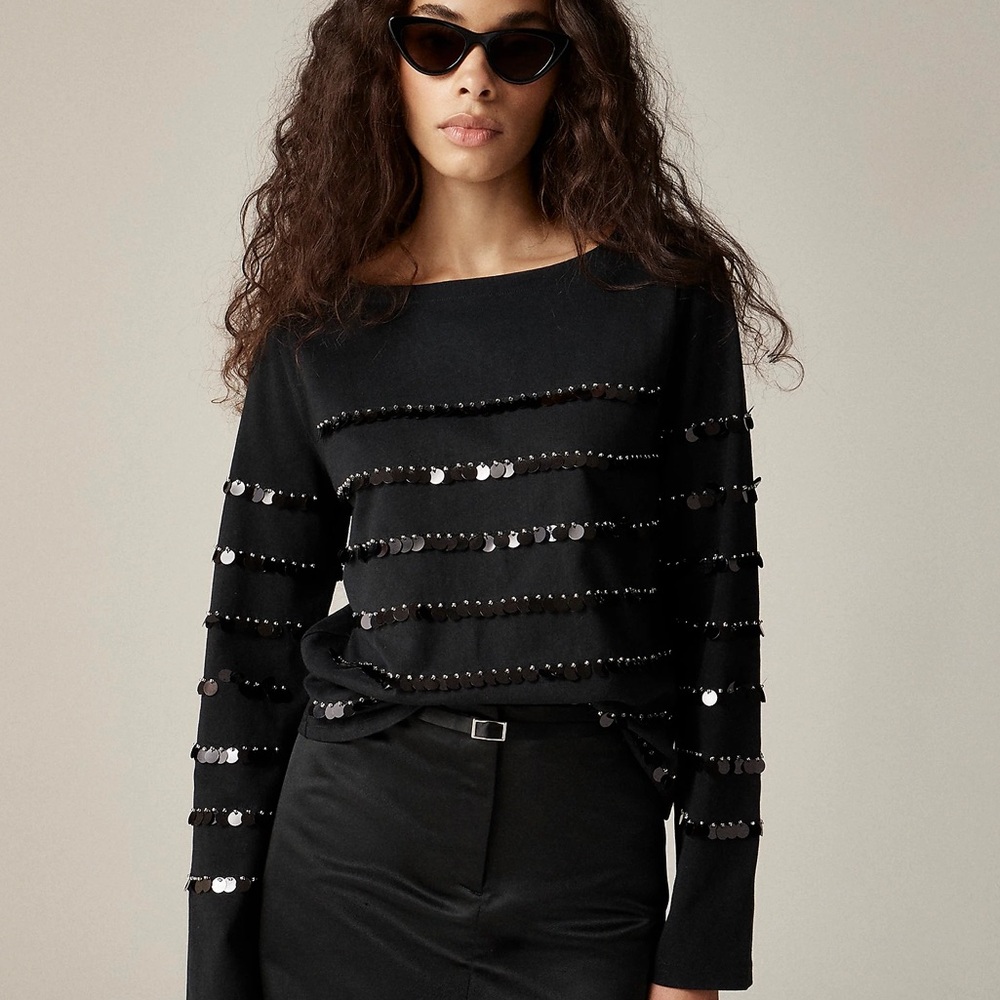 J Crew Heavy Jersey Long-Sleeve T-Shirt with Paillette Embellishment Size XXS